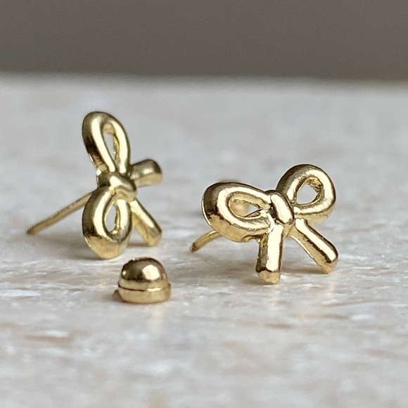 10k Solid Gold Bow Earrings,Second hole Studs, Piercing Studs Earrings for kids - Picture 4 of 15
